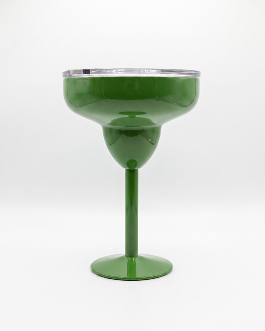 Green insulated stainless steel margarita tumbler with clear lid for cold drinks.