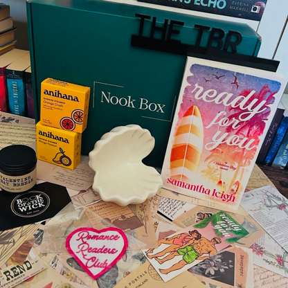 August 2025 Nook Box featuring Ready For You by Samantha Leigh with shell trinket tray, shower steamers, romance patch and matching bookmark.