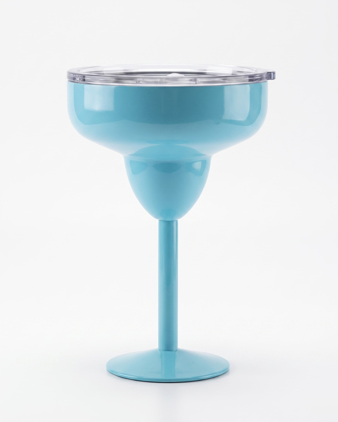 Blue insulated stainless steel margarita tumbler with clear lid for hot or cold drinks.
