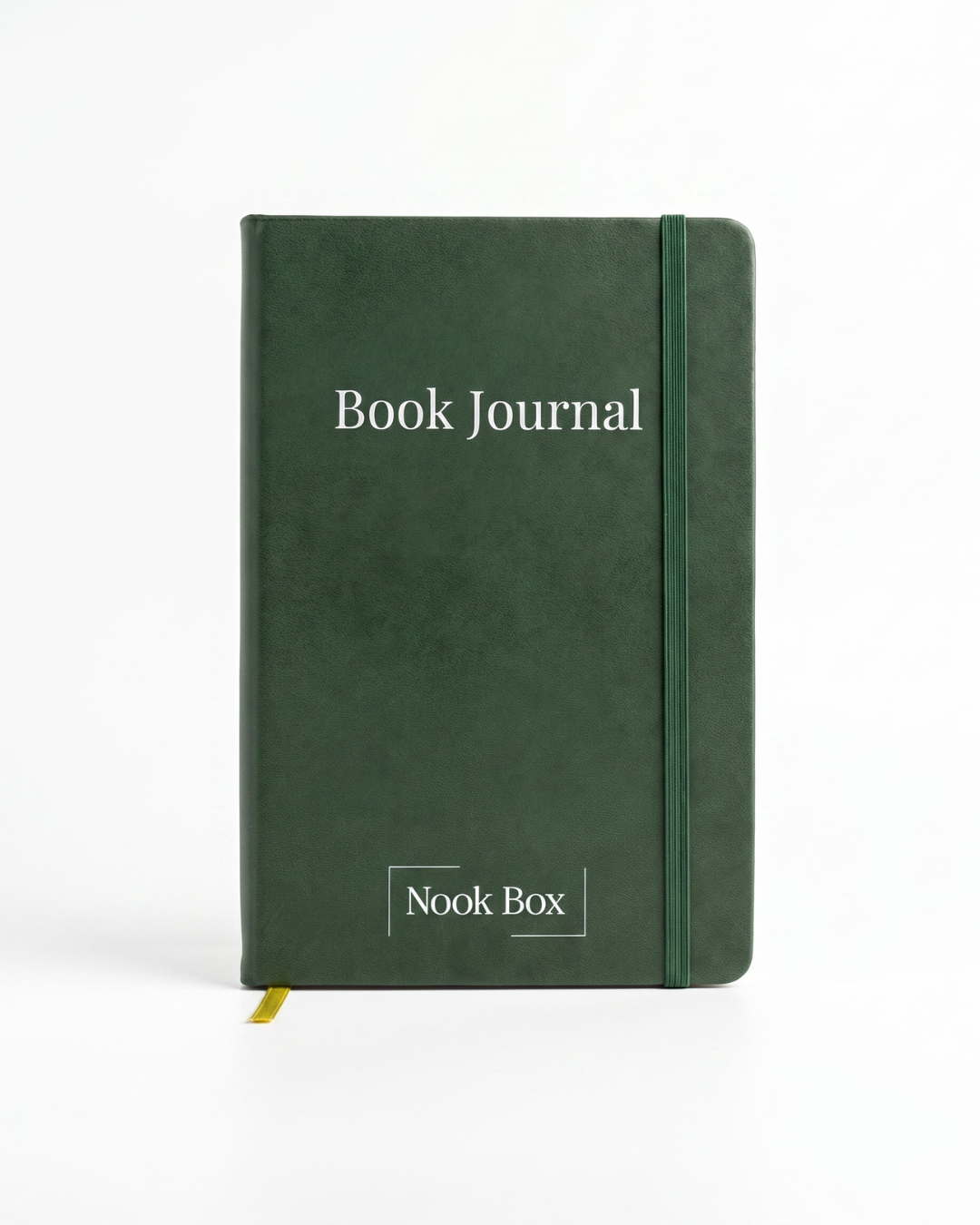 Green hardcover Nook Box Book Journal with elastic closure for tracking books, reviews and reading goals.