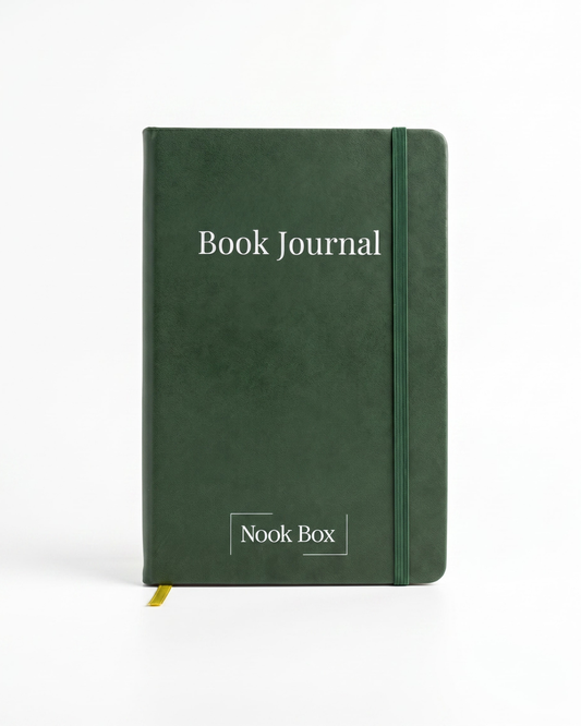 Green hardcover Nook Box Book Journal with elastic closure for tracking books, reviews and reading goals.