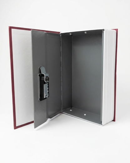 Hidden combination lock book safe opened to reveal secure metal storage compartment inside a realistic book cover.