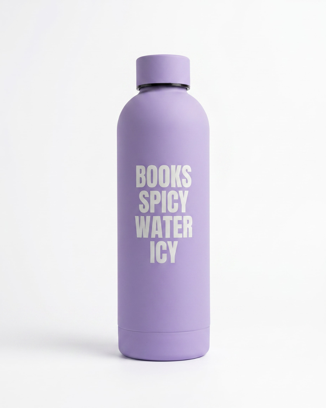 Purple insulated stainless steel drink bottle printed with the phrase "Books Spicy Water Icy".