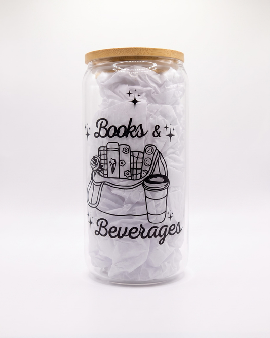 Glass can with bamboo lid featuring a "Books & Beverages" bookish illustration and reusable iced coffee design.