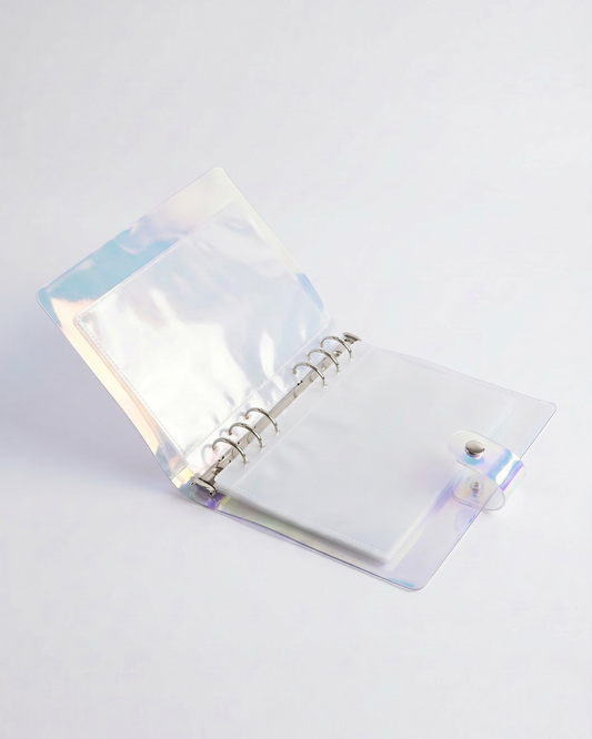 Open iridescent A5 character art folder with six-ring binder, 10 clear protective sleeves, and snap closure for storing bookish art prints, character cards, and bookmarks.