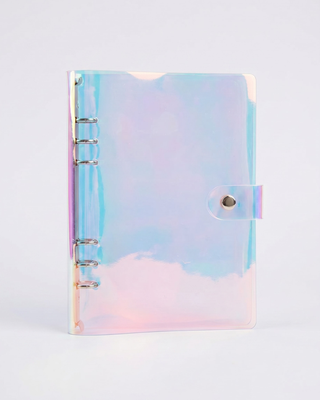 Open iridescent A5 character art folder with six-ring binder, 10 clear protective sleeves, and snap closure for storing bookish art prints, character cards, and bookmarks.