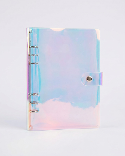 Open iridescent A5 character art folder with six-ring binder, 10 clear protective sleeves, and snap closure for storing bookish art prints, character cards, and bookmarks.