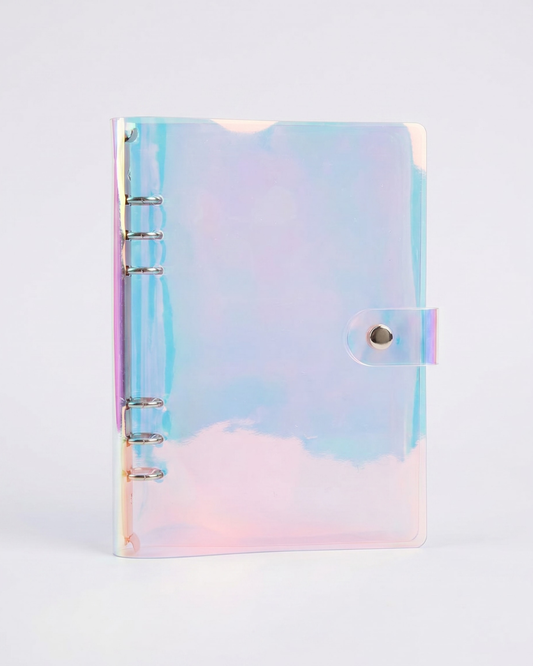 Open iridescent A5 character art folder with six-ring binder, 10 clear protective sleeves, and snap closure for storing bookish art prints, character cards, and bookmarks.