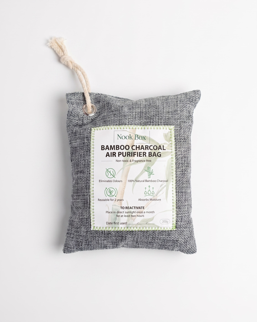 Nook Box reusable bamboo charcoal air purifier bag for removing moisture, odours and humidity from bookshelves and storage spaces.