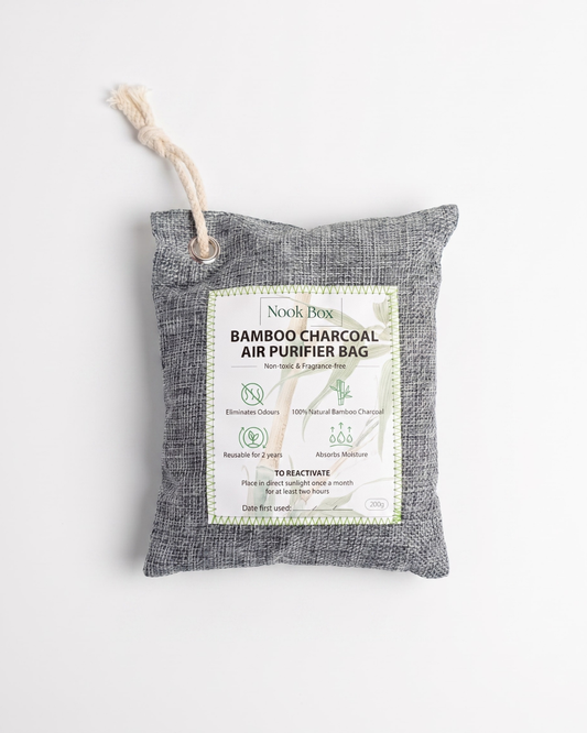 Nook Box reusable bamboo charcoal air purifier bag for removing moisture, odours and humidity from bookshelves and storage spaces.