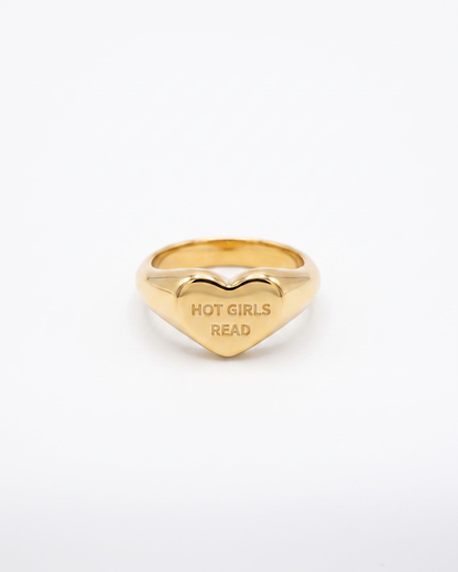 Gold Heart face signet ring that reads Hot Girls Read 