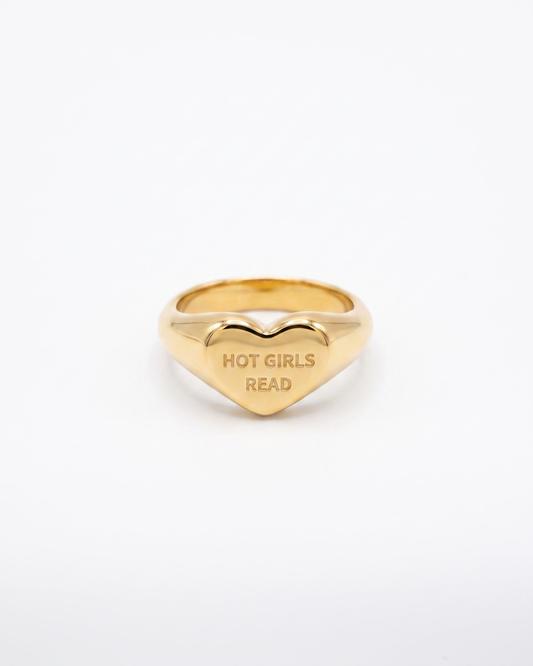 Gold Heart face signet ring that reads Hot Girls Read 