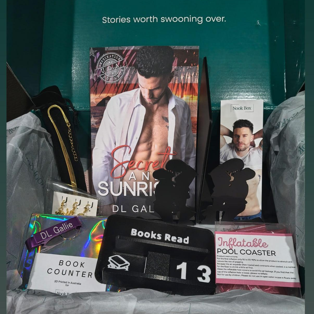 January 2026 Nook Box featuring Secrets and Sunrises by DL Gallie with book counter, romance shelf decor, bookmark charms and summer bookish gifts.