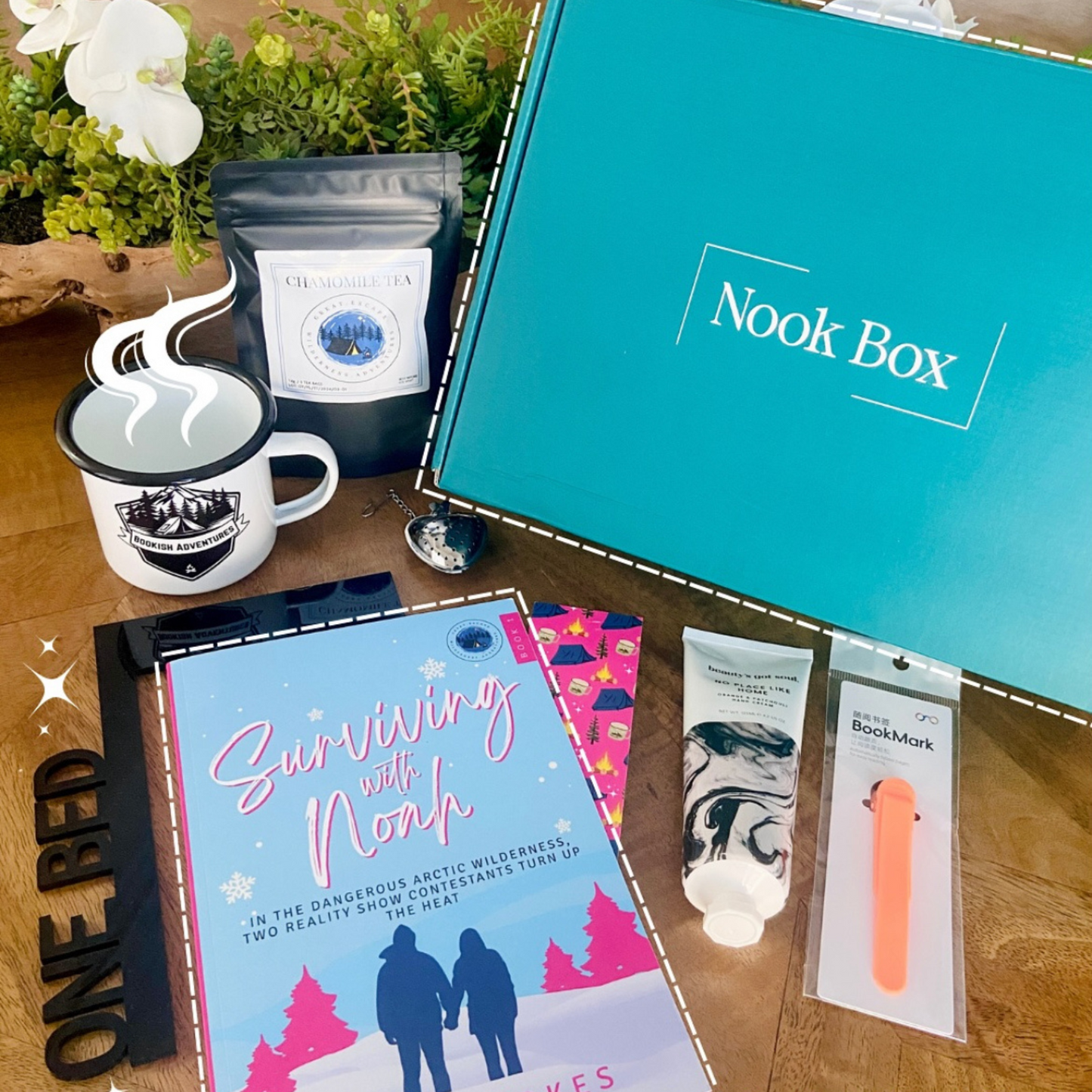 March 2025 Nook Box featuring Surviving with Noah with Bookish Adventure mug, chamomile tea, bookmark, hand cream and reading accessories.