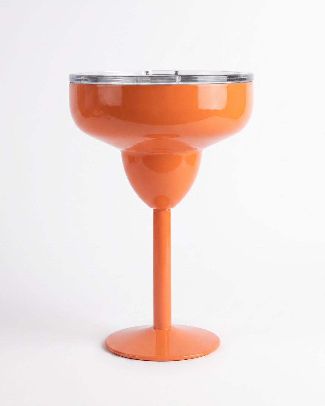 orange insulated stainless steel margarita tumbler with clear lid for cold drinks.