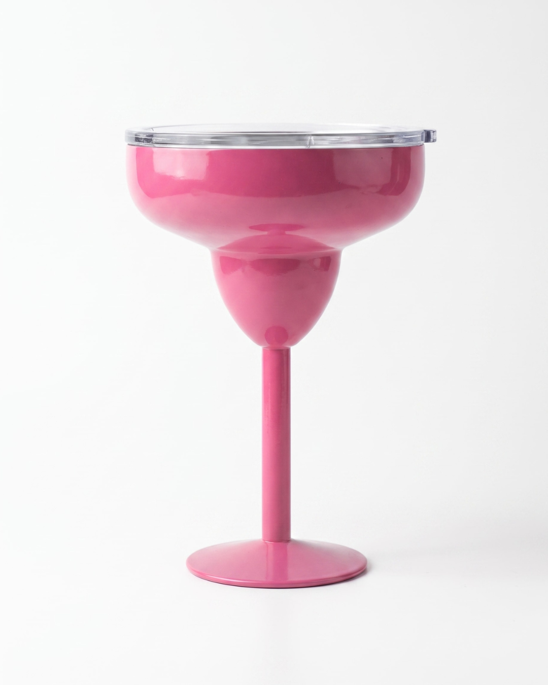 Pink insulated stainless steel margarita tumbler with clear lid for cold drinks.