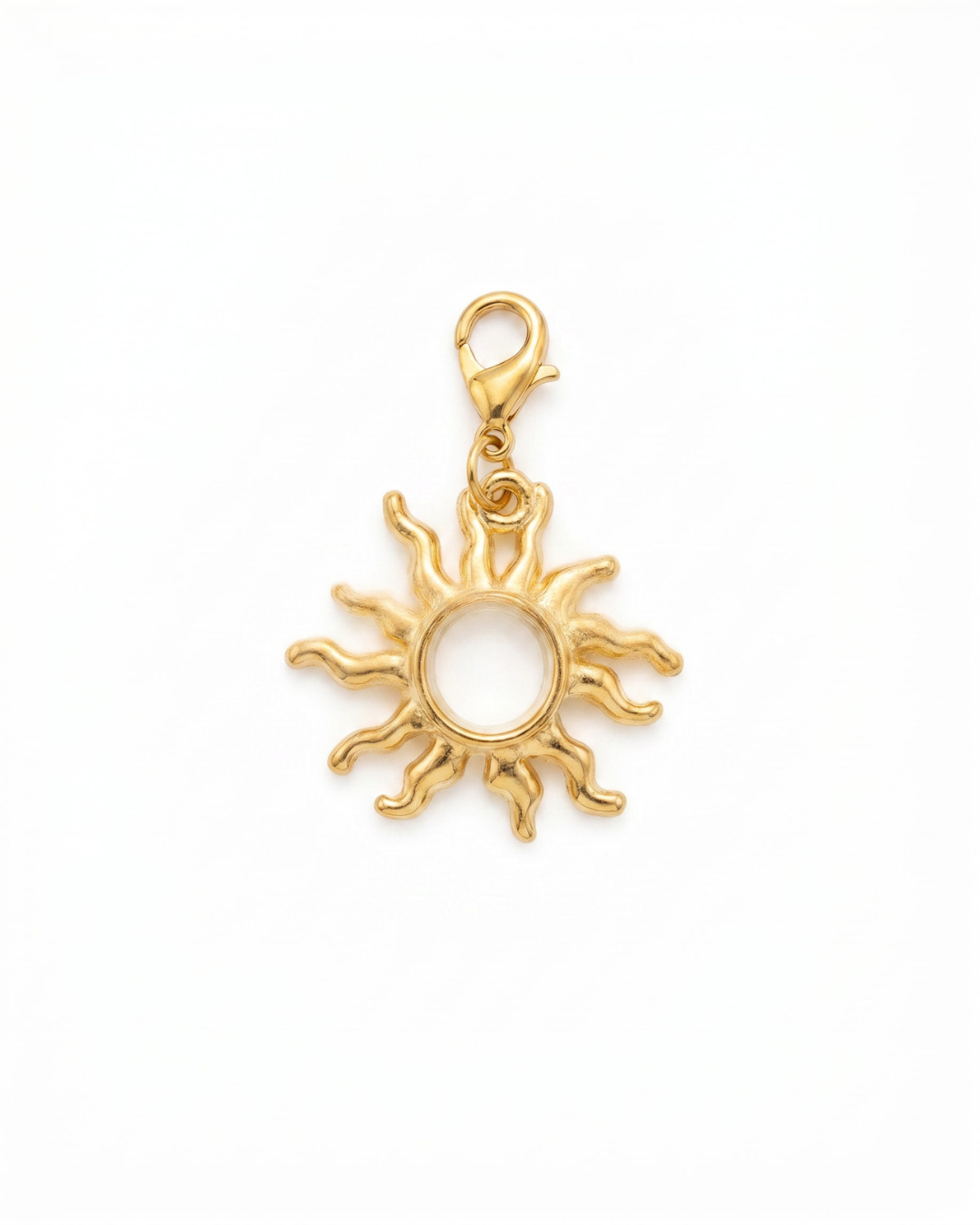 Golden charm with lobster hook showing a sun with squiggly lines